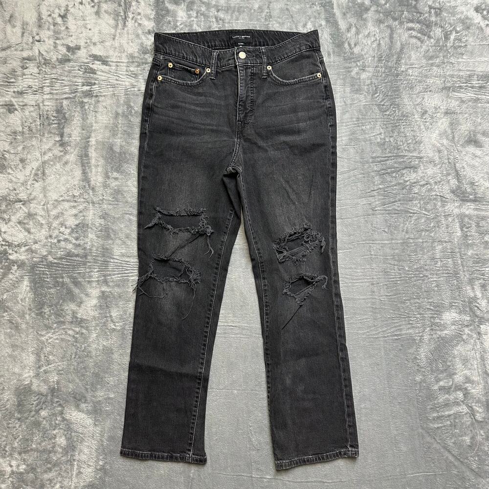 Lucky Brand Distressed Zoe High Rise Straight Jeans Women's 8/29 R Black Denim